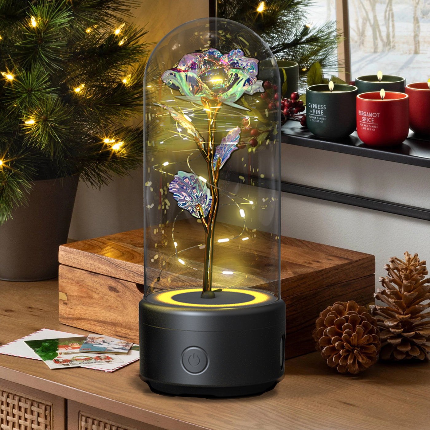 Rose LED Light Speaker Night Lamp Glass Bluetooth Gift